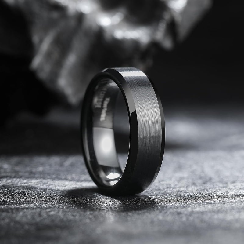 King Will Tungsten Men's Wedding Ring - Available in 6mm to 10mm, Black/Silver, Matte Finish, Beveled Polished Edge, Comfort Fit - Image 3